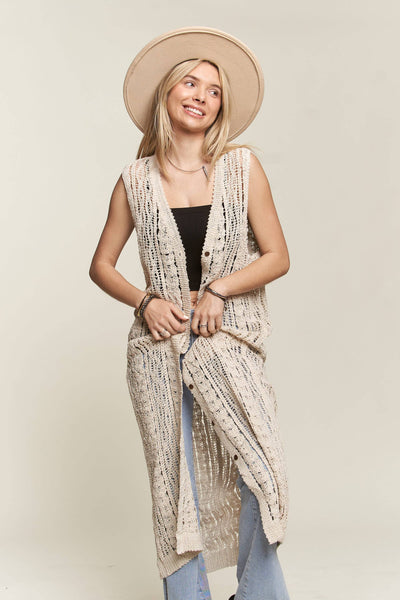 Madelyn - LEJ3614-CARDIGAN CROCHET SLEEVELESS: ML / BEIGE