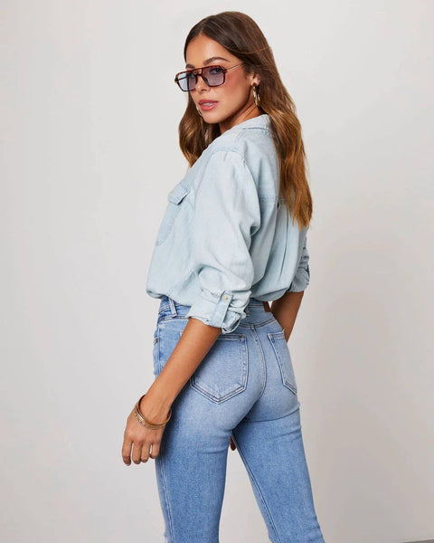 Sweetkama - Sweetkama Ladies Denim Pockets Long Sleeves Shirt: Dark Blue / XL
