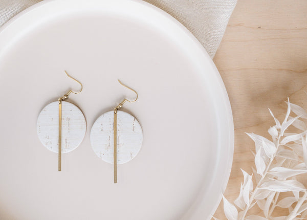 Whitebirch Handmade Goods - White Birch Cork Leather Disc and Brass Bar Earrings: Raw Brass Hooks