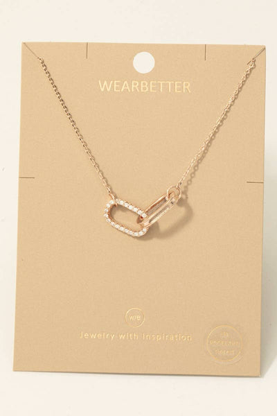 Fame Accessories - Gold Dipped Cz Pave Oval Link Pendant Necklace: S