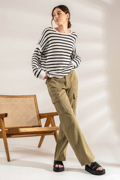 Blu Pepper - RELAXED STRIPE KNIT PULLOVER SWEATER: OLIVE