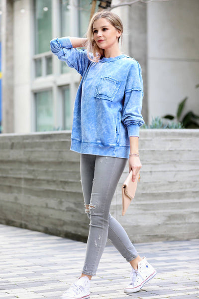 42POPS - ,.SI-24555 French terry washed raw edge pullover w/ side: L / OCEAN BLUE-160212