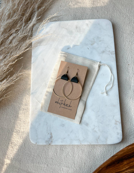 Whitebirch Handmade Goods - Distressed Black Leather & Brass Circle Earrings: Raw Brass Hooks