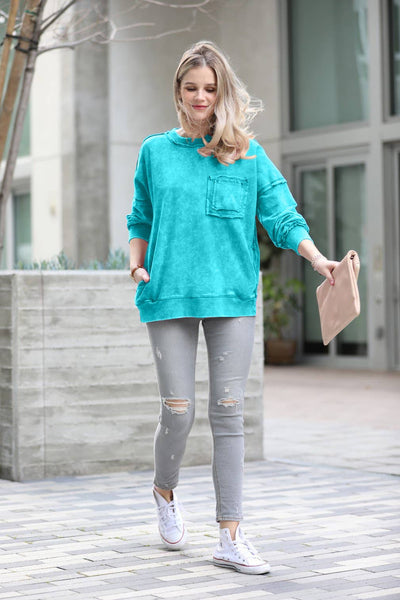 42POPS - ,.SI-24555 French terry washed raw edge pullover w/ side: L / OCEAN BLUE-160212