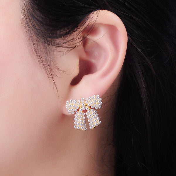 Aim Eternal - 14K Gold Filled Pearl Ribbon Bow Stud Earrings : Sliver