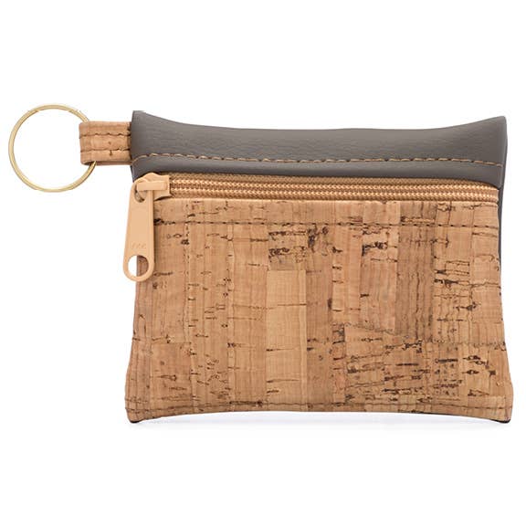 Key Chain Zipper Pouch | Rustic Cork + Faux Leather: Linen