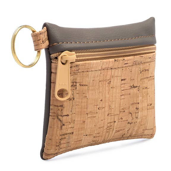 Key Chain Zipper Pouch | Rustic Cork + Faux Leather: Linen