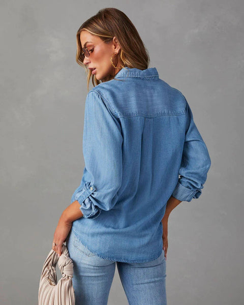 Sweetkama - Sweetkama Ladies Denim Pockets Long Sleeves Shirt: Dark Blue / M