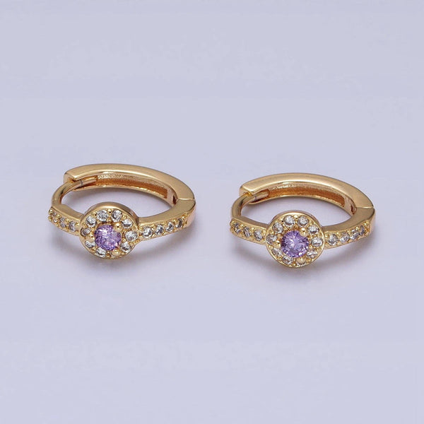 Aim Eternal - Gold Filled Clear/Purple Round CZ 13mm Huggie Earrings: Gold / Clear