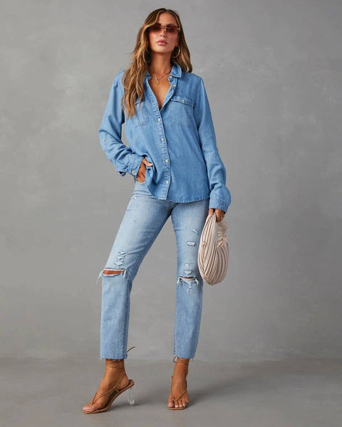 Sweetkama - Sweetkama Ladies Denim Pockets Long Sleeves Shirt: Dark Blue / XL