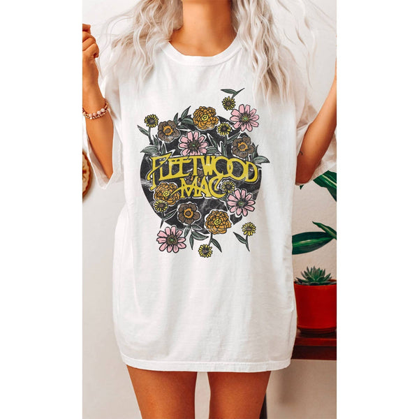 Retro Fleetwood Mac Floral Oversized Graphic Tee: CREAM / M/L