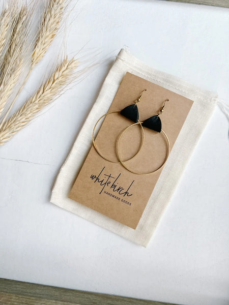 Whitebirch Handmade Goods - Distressed Black Leather & Brass Circle Earrings: Raw Brass Hooks