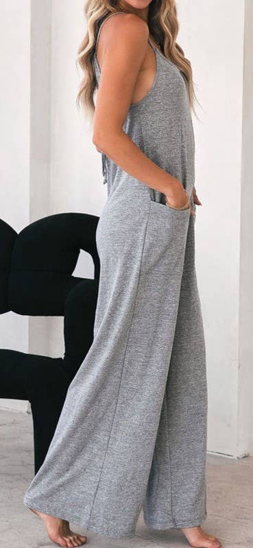 Pretty Bash - Heather Knit Wide Leg Pocket Jumpsuit: Gray / XL / Loose Fit