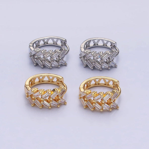 Aim Eternal - Silver, Gold V Double Clear Baguette Huggie Earrings | AB1093 AB1096: Silver