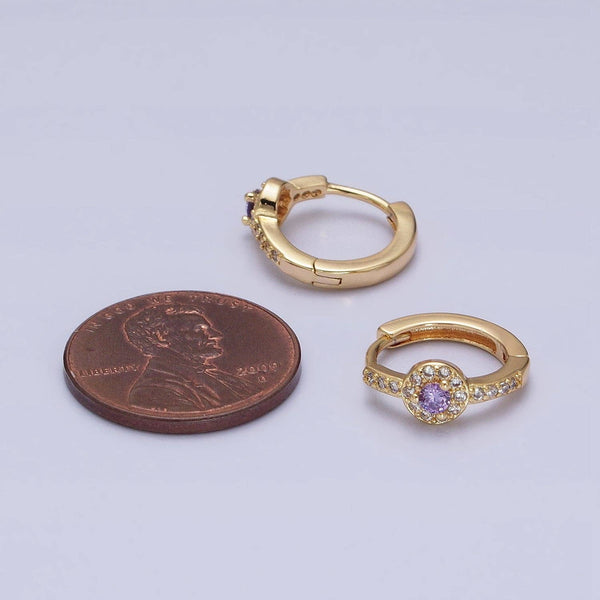 Aim Eternal - Gold Filled Clear/Purple Round CZ 13mm Huggie Earrings: Gold / Clear