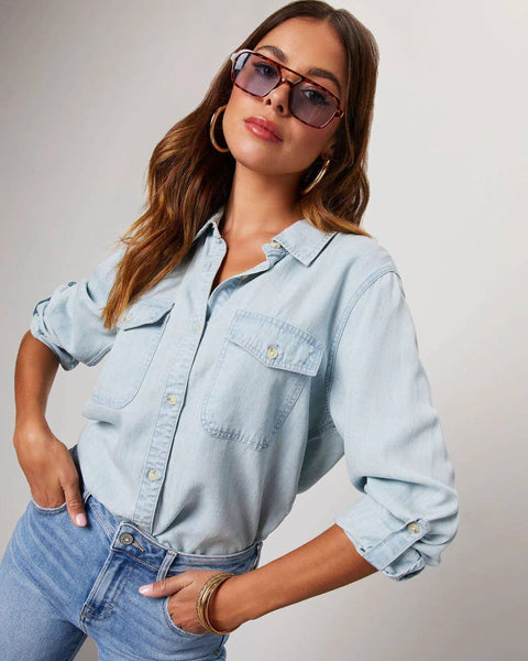 Sweetkama - Sweetkama Ladies Denim Pockets Long Sleeves Shirt: Dark Blue / XL