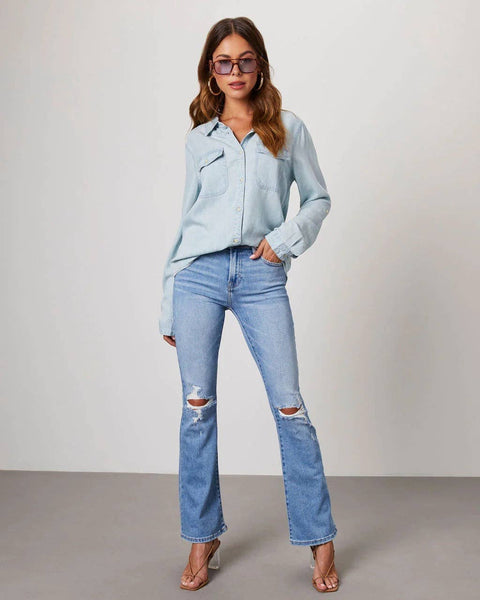 Sweetkama - Sweetkama Ladies Denim Pockets Long Sleeves Shirt: Dark Blue / XL
