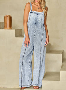 Little Daisy Closet - Light Wash Frayed Exposed Seam Wide Leg Denim Overall: Missy / L / AS SHOWN