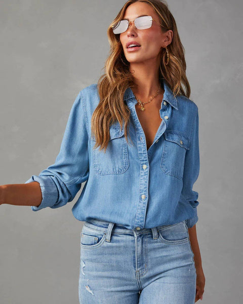 Sweetkama - Sweetkama Ladies Denim Pockets Long Sleeves Shirt: Dark Blue / XL