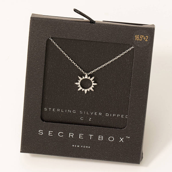 Fame Accessories - Secret Box Pave Circle Sun Charm Necklace: WG