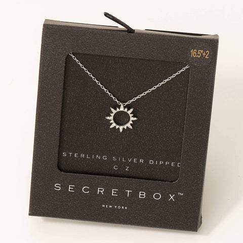 Fame Accessories - Secret Box Pave Circle Sun Charm Necklace: WG