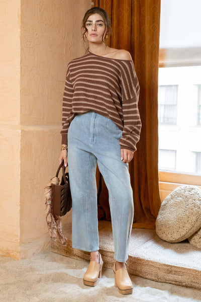 Blu Pepper - RELAXED STRIPE KNIT PULLOVER SWEATER: OLIVE