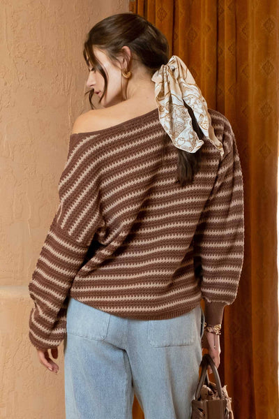 Blu Pepper - RELAXED STRIPE KNIT PULLOVER SWEATER: OLIVE