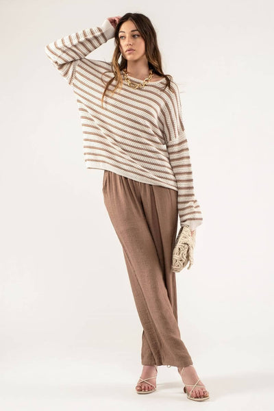 Blu Pepper - RELAXED STRIPE KNIT PULLOVER SWEATER: OLIVE