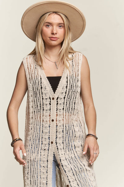 Madelyn - LEJ3614-CARDIGAN CROCHET SLEEVELESS: ML / BEIGE