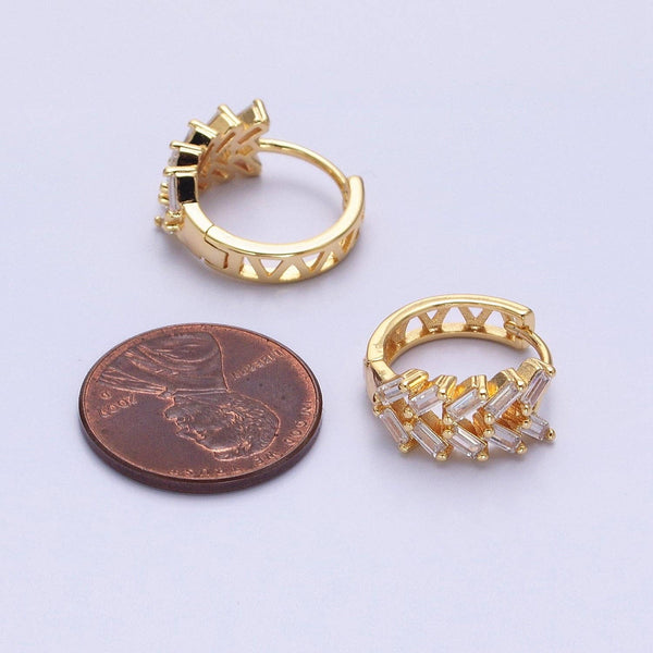Aim Eternal - Silver, Gold V Double Clear Baguette Huggie Earrings | AB1093 AB1096: Silver