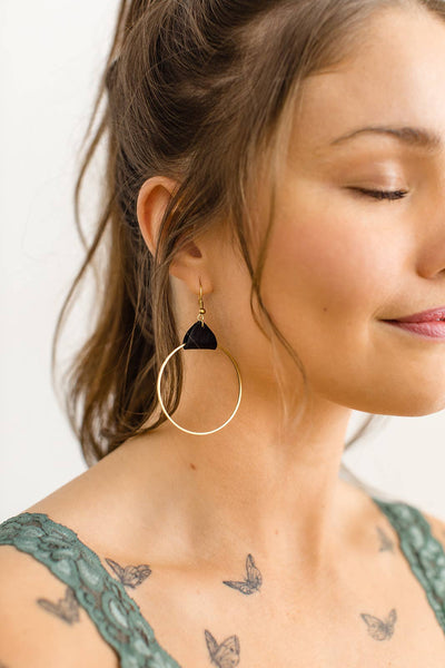 Whitebirch Handmade Goods - Distressed Black Leather & Brass Circle Earrings: Raw Brass Hooks