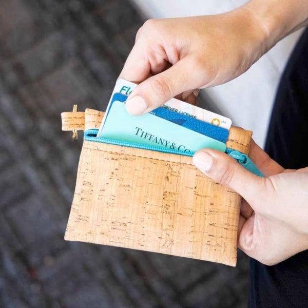 Key Chain Zipper Pouch | Rustic Cork + Faux Leather: Linen