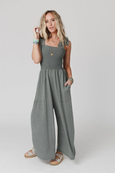 Three Bird Nest - Daytripper Wide Leg Jumpsuit - Light Olive: M