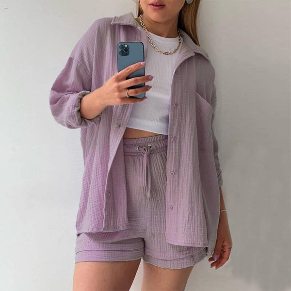 Sweetkama - Ladies Solid Color Top and Short Set Daily Set 23109: Bean Green / XL
