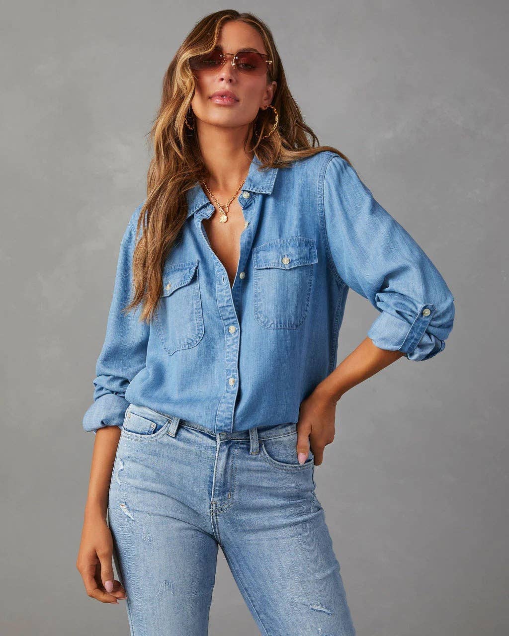 Sweetkama - Sweetkama Ladies Denim Pockets Long Sleeves Shirt: Dark Blue / XL