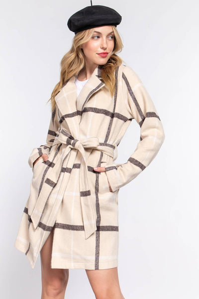 42POPS - ._ SI-25112 LONG SLV BELTED PLAID WOVEN JACKET: BLK-black/cream-158401 / M