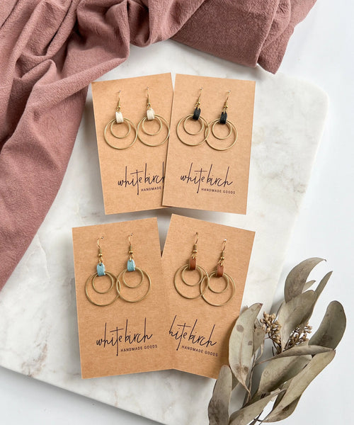 Whitebirch Handmade Goods - Brown Leather Oval & Double Brass Circles Earrings: Brass