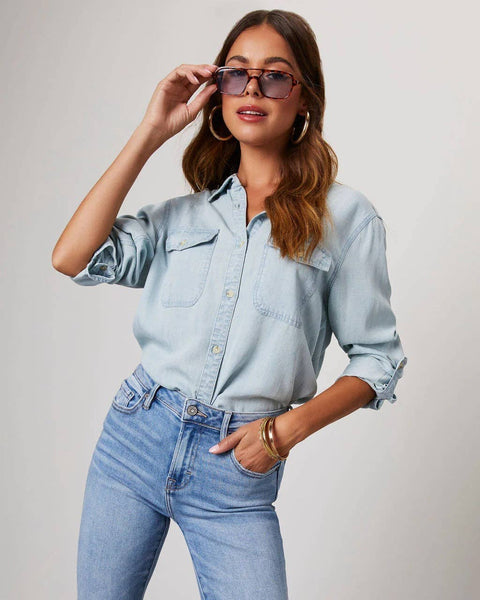 Sweetkama - Sweetkama Ladies Denim Pockets Long Sleeves Shirt: Dark Blue / XL