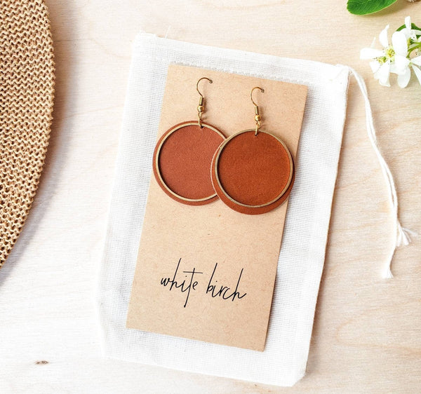 Whitebirch Handmade Goods - Brown Leather Disc & Brass Circle Earrings: Raw Brass Hooks