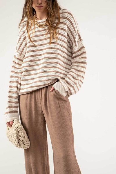 Blu Pepper - RELAXED STRIPE KNIT PULLOVER SWEATER: OLIVE