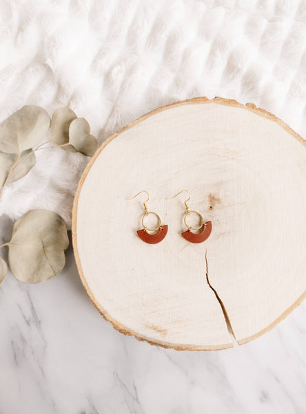 Whitebirch Handmade Goods - Chestnut Brown Leather & Brass Ring Geometric Earrings: Raw Brass Hooks