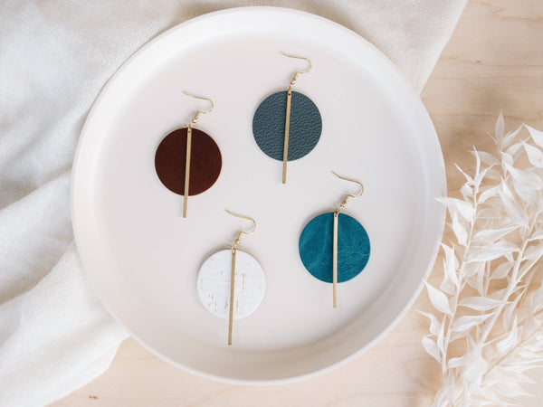 Whitebirch Handmade Goods - White Birch Cork Leather Disc and Brass Bar Earrings: Raw Brass Hooks