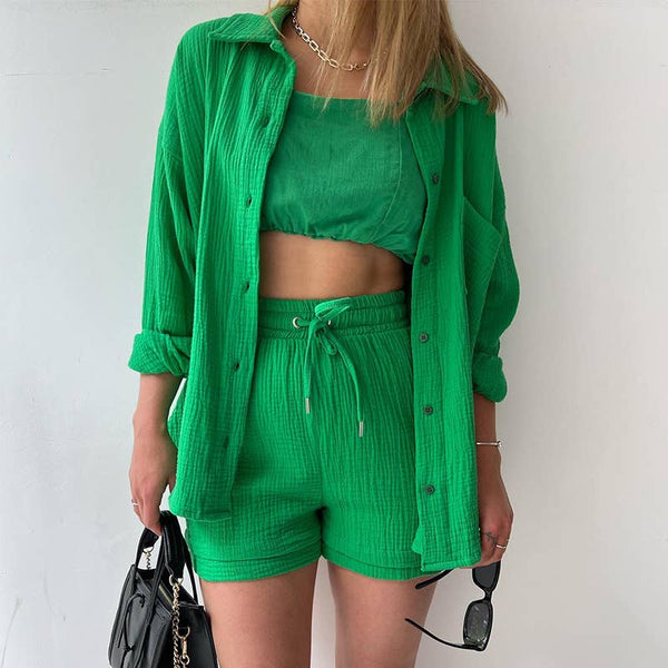 Sweetkama - Ladies Solid Color Top and Short Set Daily Set 23109: Bean Green / M