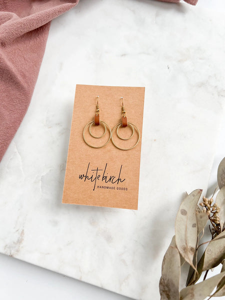 Whitebirch Handmade Goods - Brown Leather Oval & Double Brass Circles Earrings: Brass