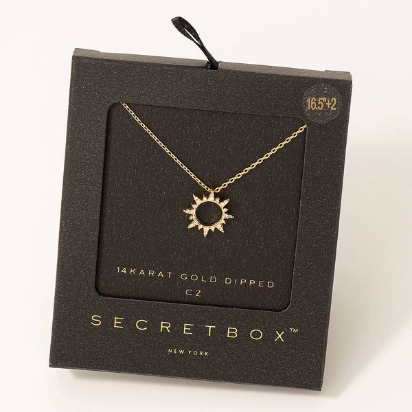 Fame Accessories - Secret Box Pave Circle Sun Charm Necklace: WG