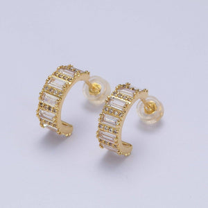 Aim Eternal - Clear Baguette Micro Paved CZ Band C-Shaped Gold Stud Hoops Earrings | AB008