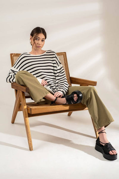 Blu Pepper - RELAXED STRIPE KNIT PULLOVER SWEATER: OLIVE