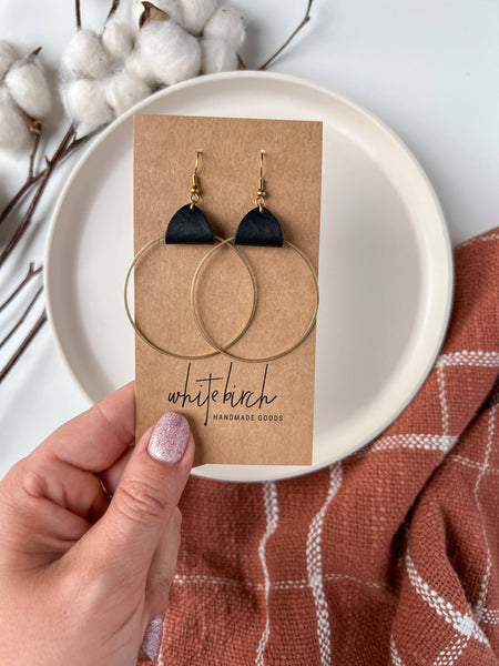 Whitebirch Handmade Goods - Distressed Black Leather & Brass Circle Earrings: Raw Brass Hooks