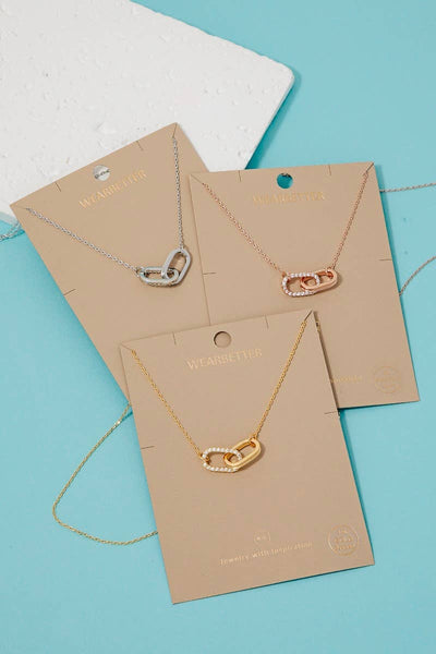 Fame Accessories - Gold Dipped Cz Pave Oval Link Pendant Necklace: S