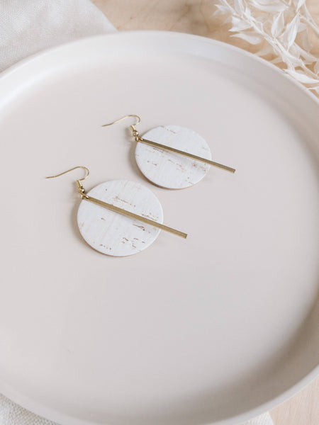 Whitebirch Handmade Goods - White Birch Cork Leather Disc and Brass Bar Earrings: Raw Brass Hooks